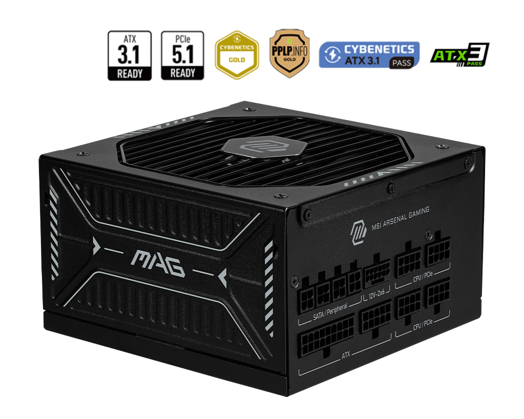 Fuente de Poder 850W 80+Gold MSI MAG A850GLS PCIE5 . 1x 24pin, 2x 8pin CPU, 4x 8pin PCIE, 1x 12VHPWR, Color Negro