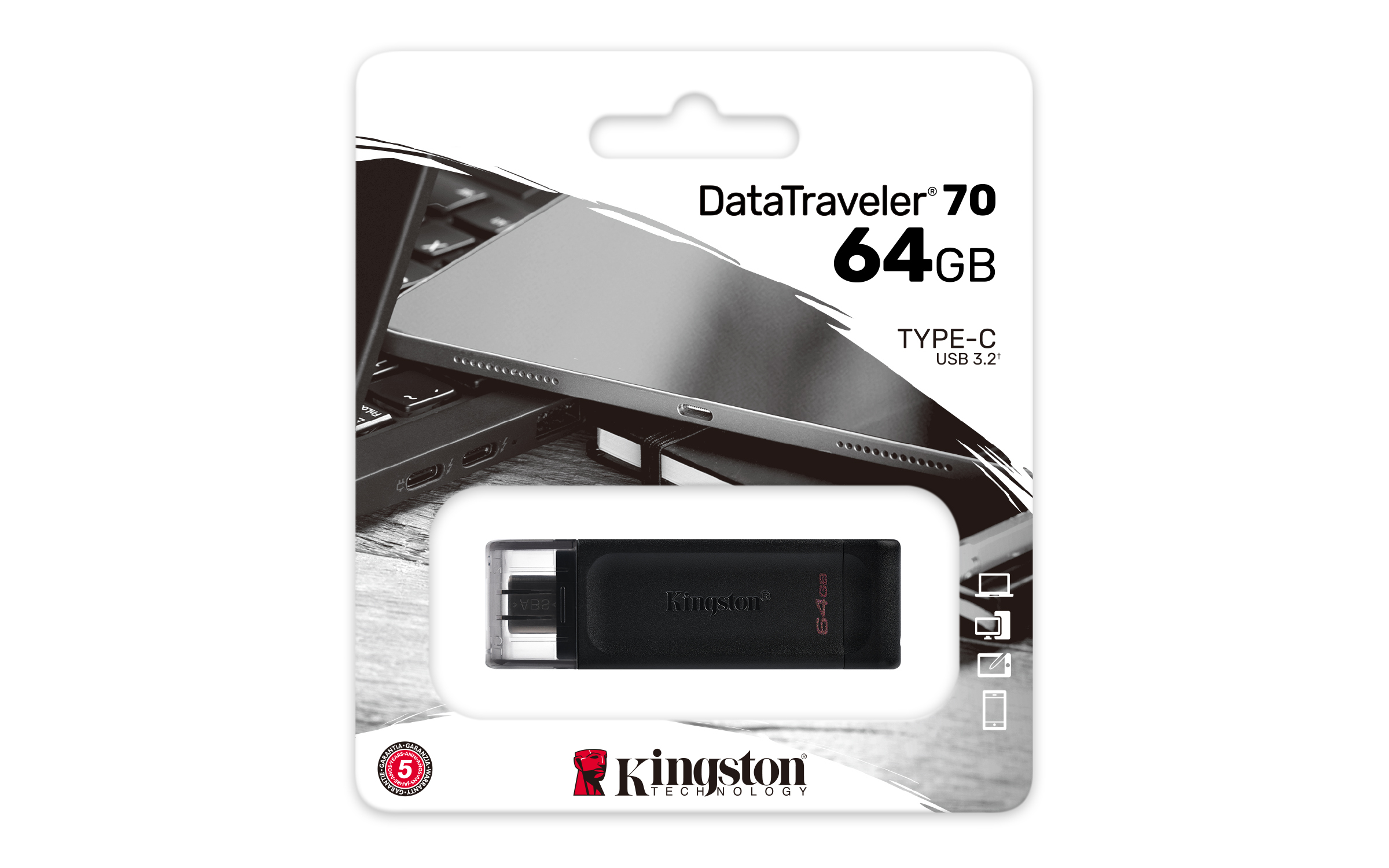Memoria USB-C 64GB Kingston DataTraveler 70, USB 3.2 Gen 1, Color Negro - imagen 5