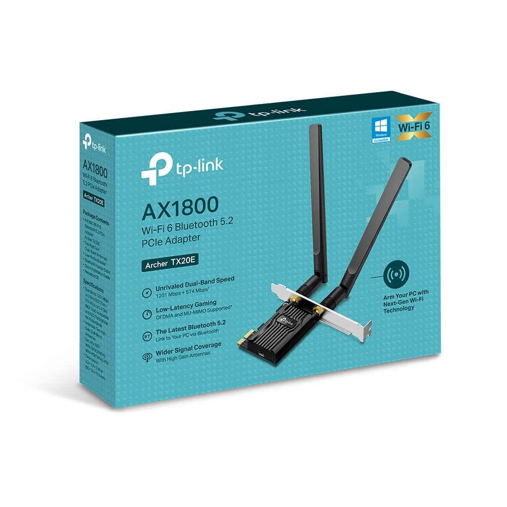 Tarjeta de Wi-Fi 6 + BT PCIe TP-Link Archer TX20E, 2 Antenas 2.4GHz 574Mbps/5GHz 1201Mbps + BT 5.2