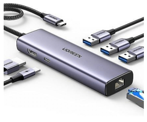 HUB usb-c UGREEN 6-1 15598, 3 puertos usb A 3.0, usb C, HDMI, RJ45 - imagen 1