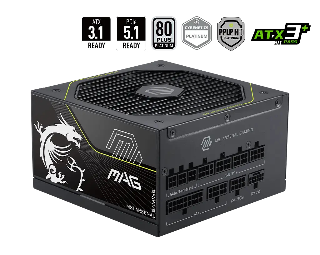Fuente de Poder 1200W 80+Platinum MSI MAG A1200PLS PCIE5, Full Modular, 1x 24pin, 2x 8pin CPU, 4x 8pin PCIE, 1x 12VHPWR - imagen 1