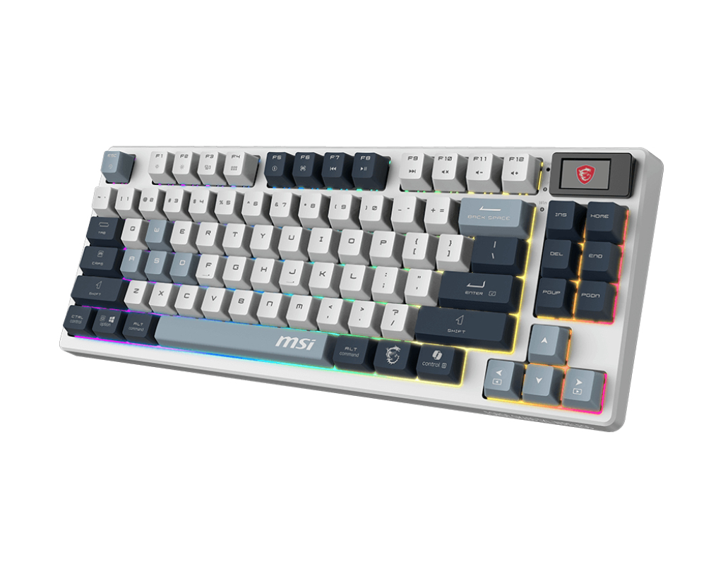 Teclado Inalámbrico MSI Forge GK600 TKL SKY, Hot Swap, Switches Lineales, RF 2.4GHz + BT, Color Blanco/Azul, Ingles