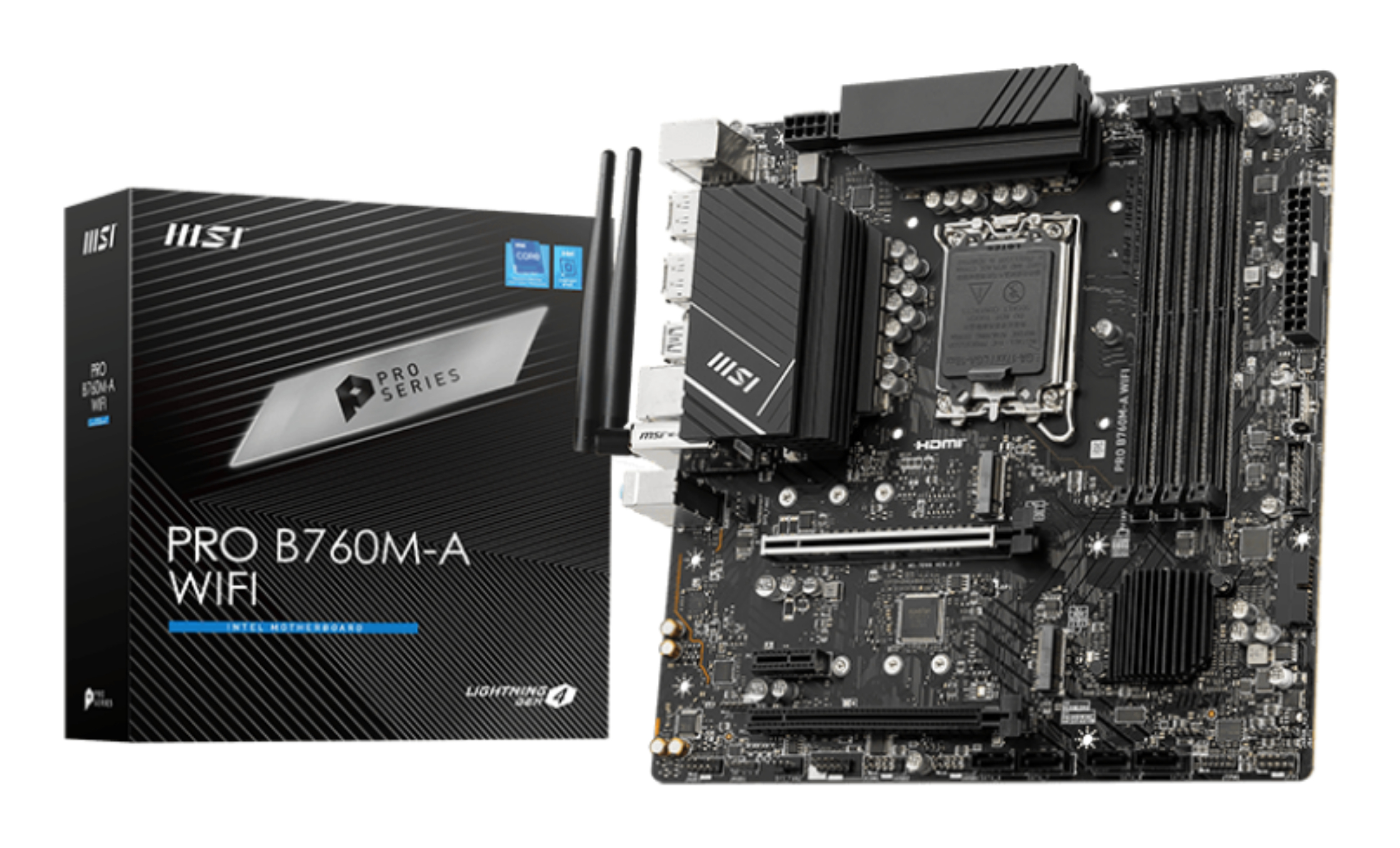 Motherboard LGA1700 Micro-ATX MSI PRO B760M-A WIFI, 4 modulos DDR5, 2 M.2 PCIe 4, Wi-Fi 6E + BT 5.3