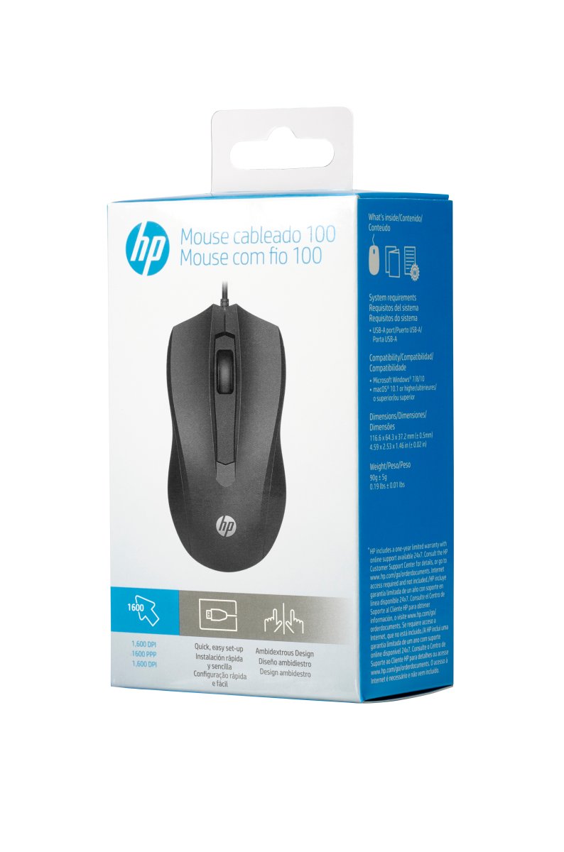Mouse HP 100, alámbrico USB, color negro, sensor óptico 1600 DPI, modelo 6VY96AA. - imagen 3