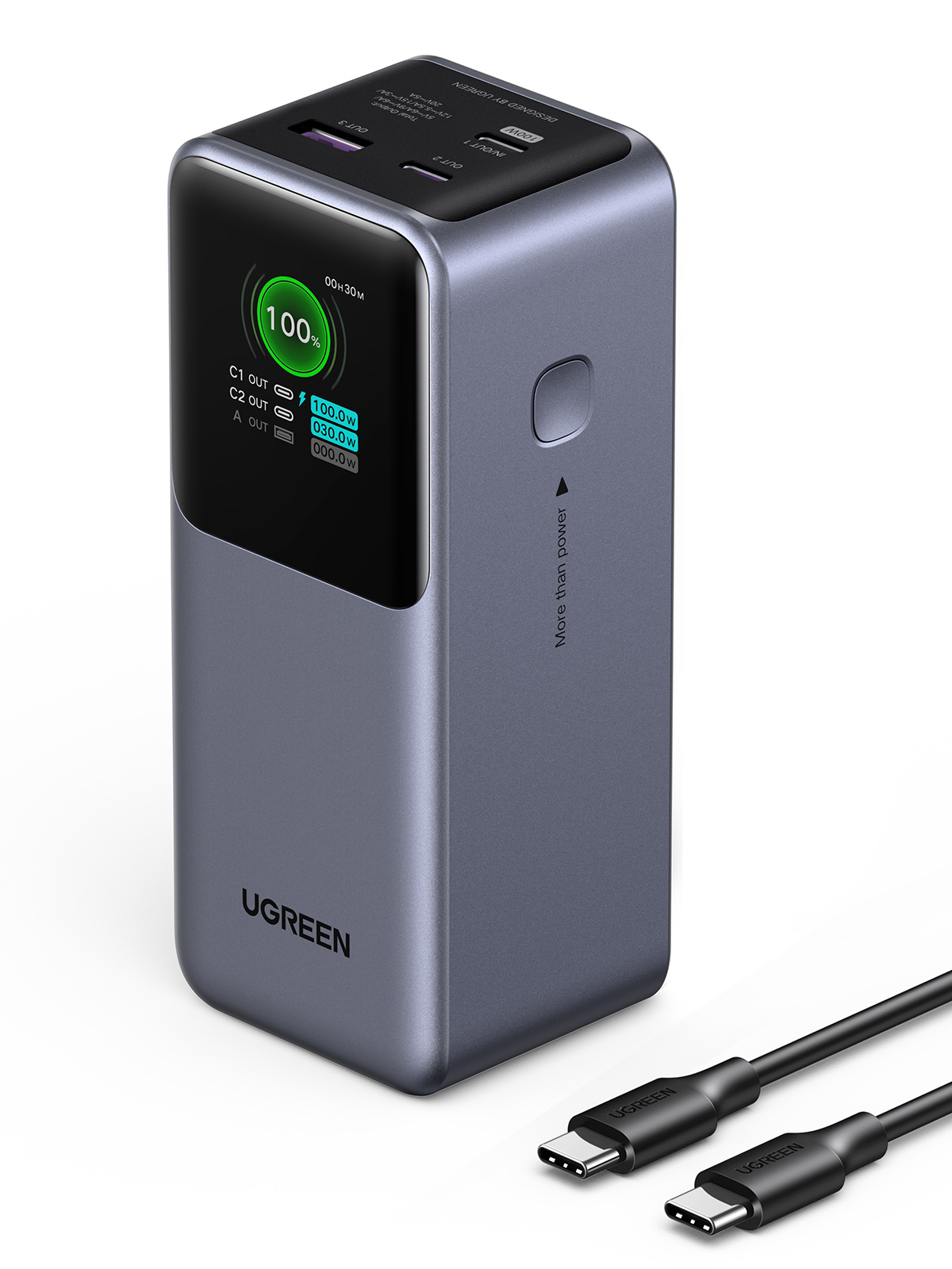 Power Bank Ugreen Nexode 35524, 20000mAh, 130W, 3 Puertos, Pantalla TFT