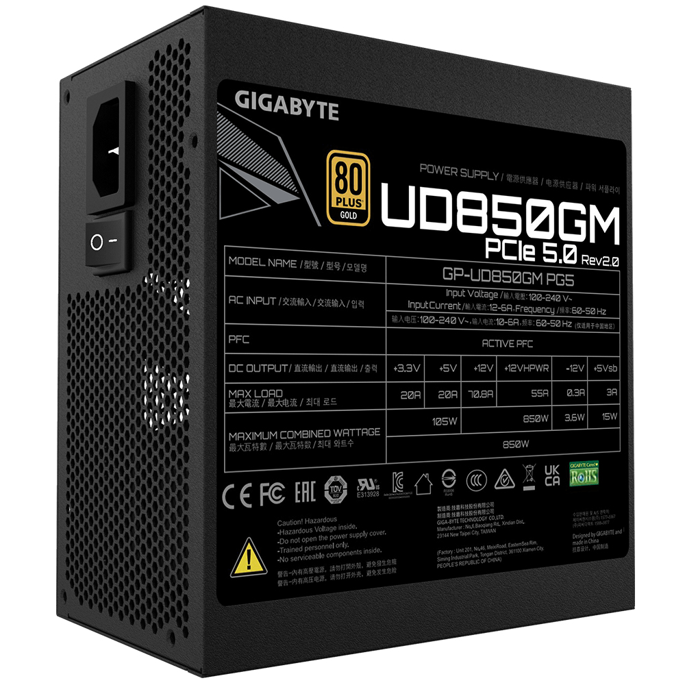 Fuente de Poder 850W 80+Gold Gigabyte UD850GM PG5 V2 . 1x 24pin, 2x 8pin CPU, 4x 8pin PCIE, 1x 12VHPWR, Color Negro - imagen 5