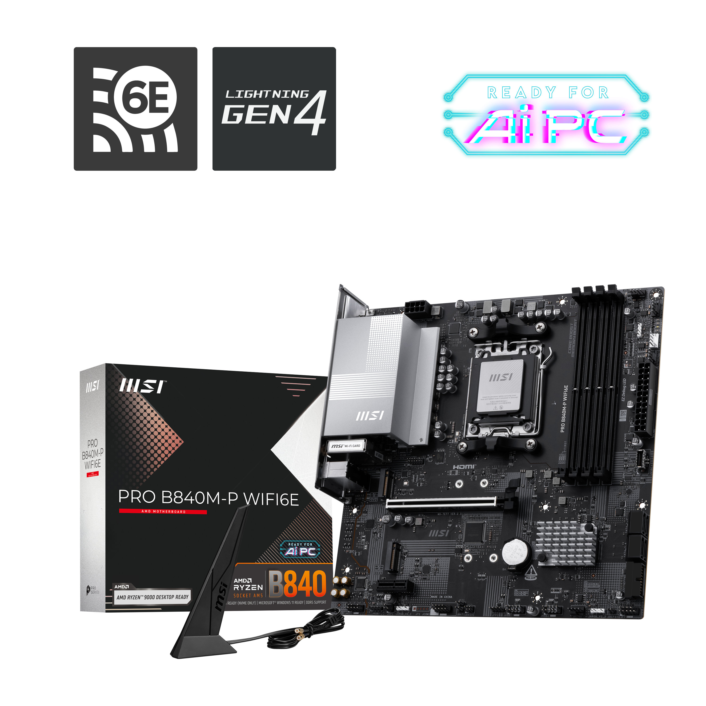 MotherBoard AM5 Micro- ATX MSI PRO B840M-P WIFI6E, 128GB RAM DDR5 Max, 2 M.2 PCIE 4, Wi-Fi 6E + BT 5.3