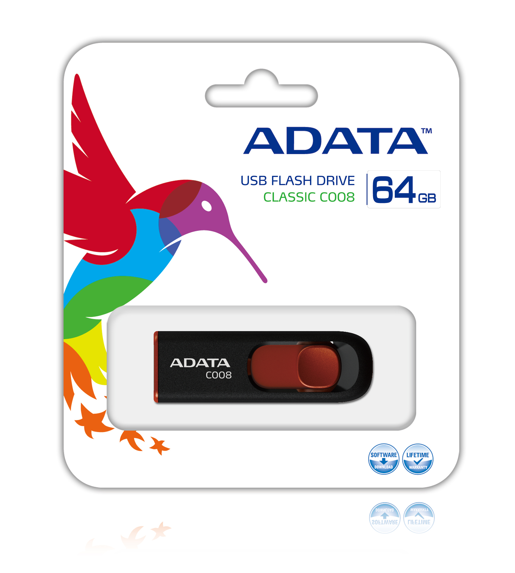 Memoria USB-A 64GB Adata C008, USB 2.0, Plástico, Color Negro/Rojo - imagen 2