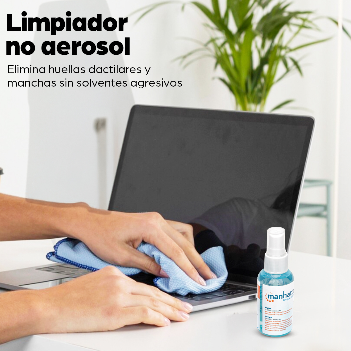 Kit de Limpieza de Pantallas. Incluye Solución de limpieza de 60ml, Paño de microfibra, Brocha retráctil, Manhattan 60cc