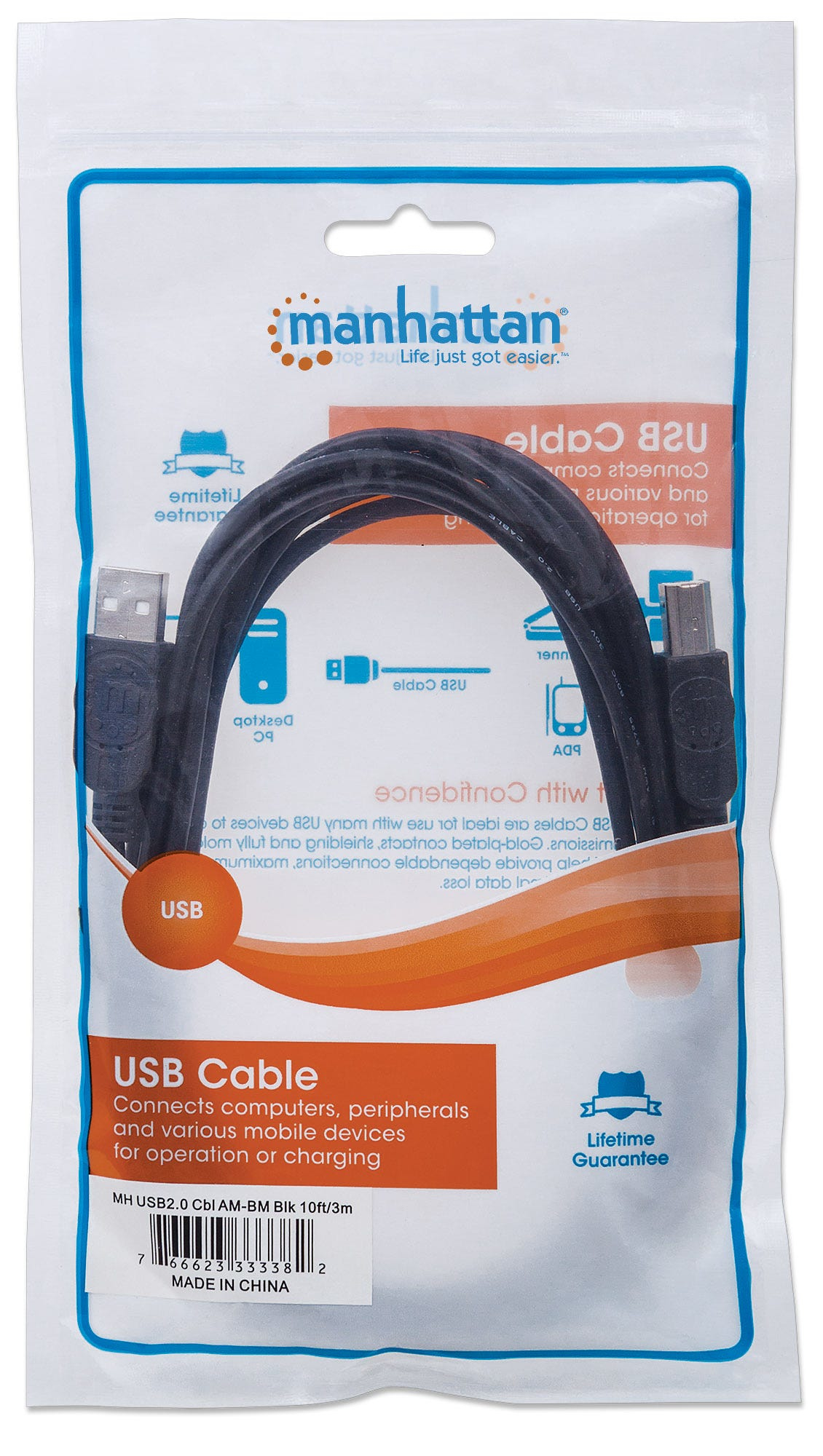 Cable USB-A 2.0 a USB-B 2.0 3m Manhattan 333382, 480Mbps, Color Negro - imagen 3