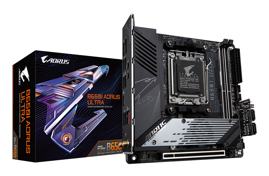 Motherboard AM5 Mini-ITX Gigabyte B650I AORUS ULTRA, 128GB RAM DDR5 Max, 1 M.2 PCIe 5 + 2 M.2 PCIe 4, Wi-Fi 6E + BT 5.2