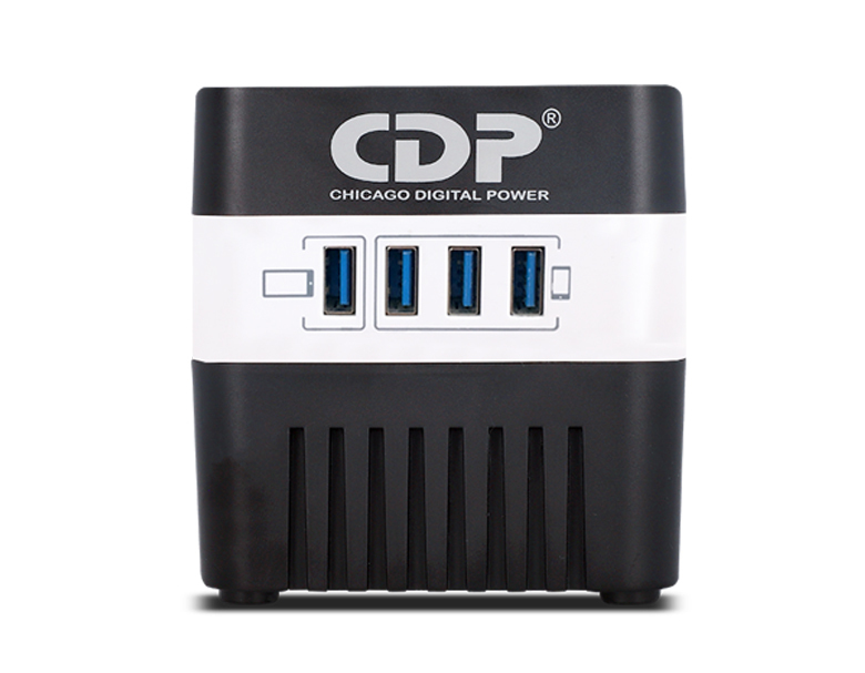 Regulador de Voltaje 600VA/300W CDP RU-AVR 604. 4 Tomas AVR y Supresión d/P. + 4 Puertos USB-A 5V 2.1A
