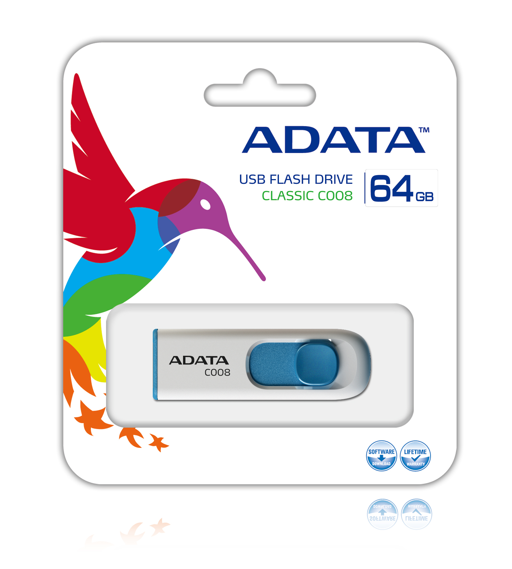 Memoria USB-A 64GB Adata C008, USB 2.0, Plástico, Color Blanco/Azul - imagen 2