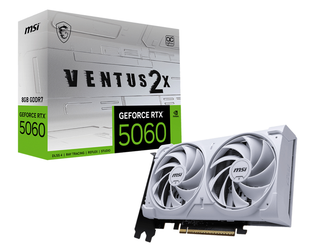 Tarjeta de Video NVIDIA RTX5060 MSI Ventus 2x White Edition, 8GB GDDR7, 3 DisplayPort + 1 HDMI, Min 550W