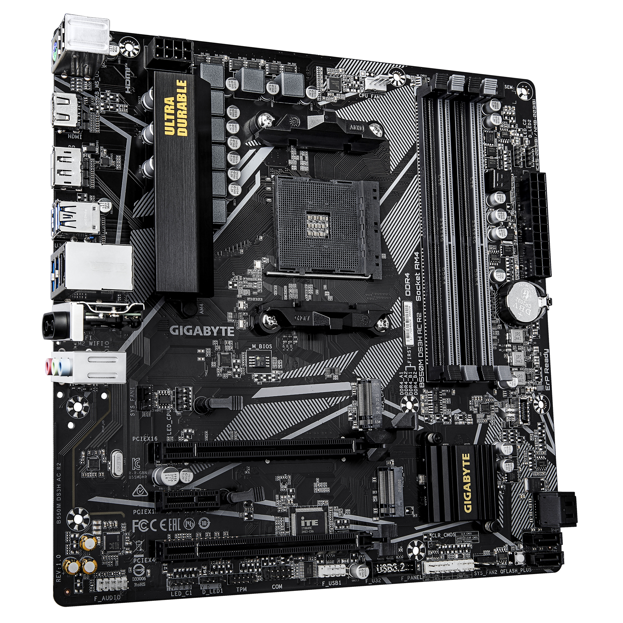 Motherboard AM4 Micro-ATX Gigabyte B550M DS3H AC R2, 128GB RAM DDR4 Max, 1 M.2 PCIe 4 + 1 M.2 PCIe 3, Wi-Fi  + BT 5.0