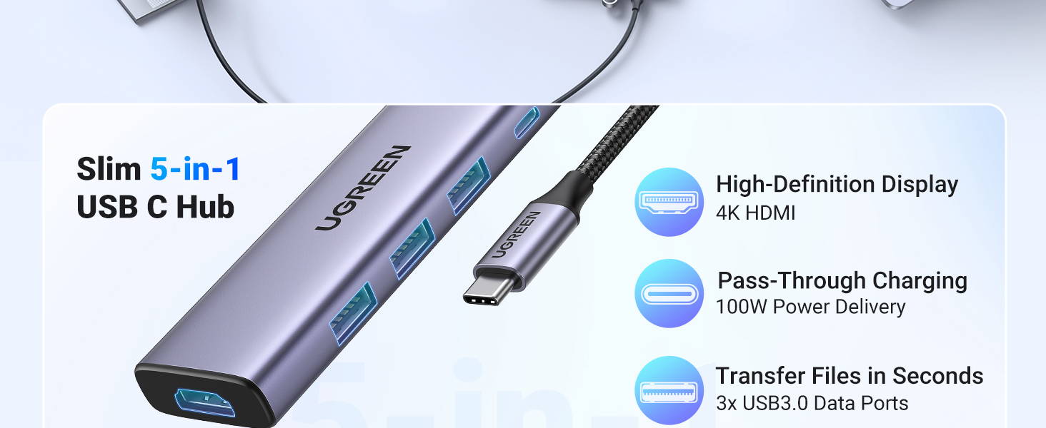 Ugreen HUB USB-C (Docking Station) 5 en 1 | HDMI 2.0 4K@30Hz | 3 USB-A 3.0 (5Gbps) | USB-C PD Carga 100W 15596 - imagen 3