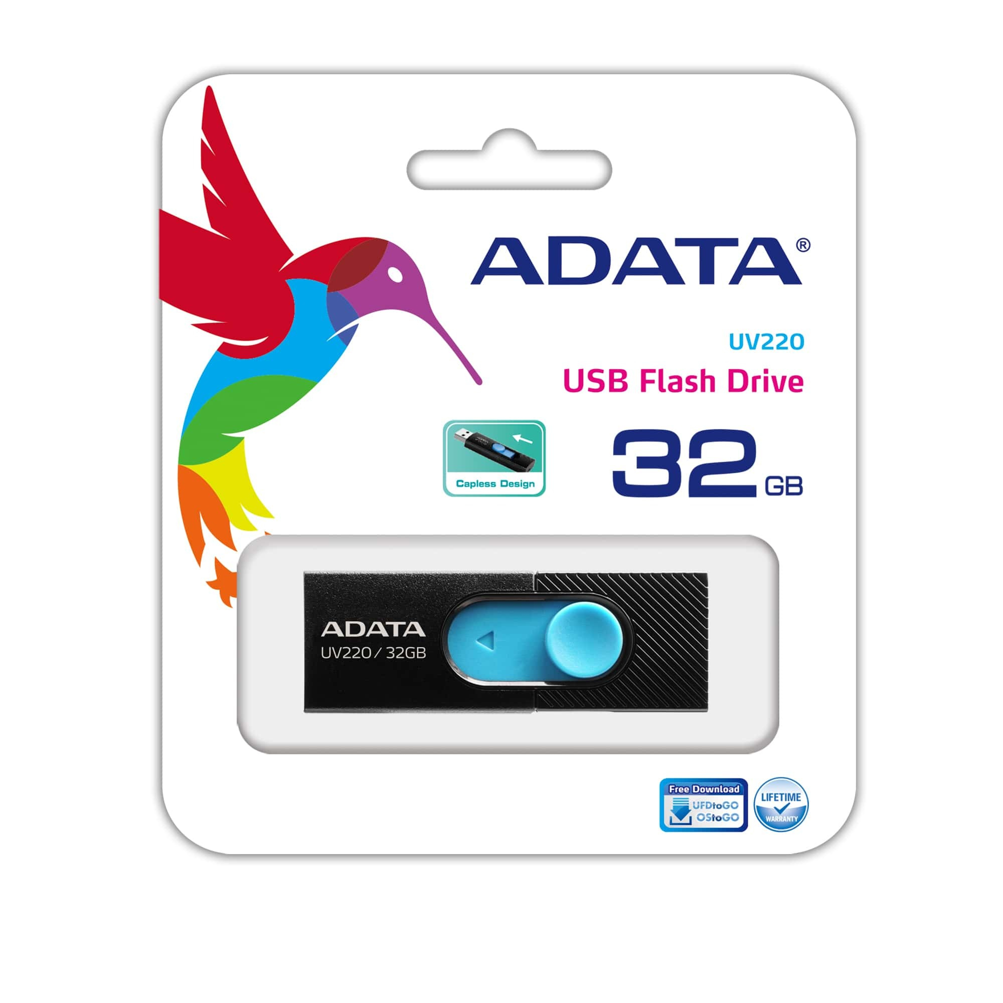 Memoria USB-A 32GB Adata UV220, USB 2.0, Plástico, Color Negro/Azul - imagen 2