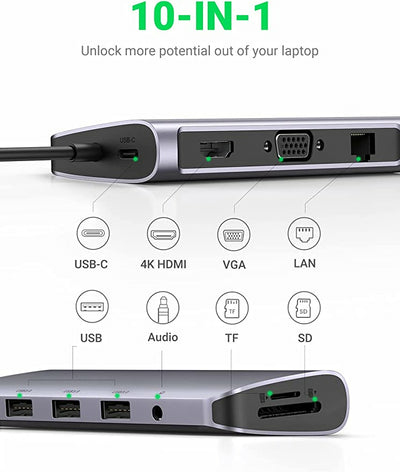 Docking Station USB-C Ugreen 80133, 3x USB 3.0, 1x USB-C PD, 1x HDMI, 1x VGA, 1x RJ45 Gigabit, 1x SD y TF, 1x 3.5mm - imagen 3