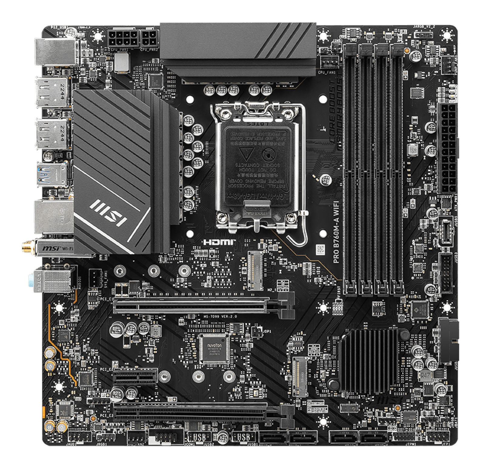 Motherboard LGA1700 Micro-ATX MSI PRO B760M-A WIFI, 4 modulos DDR5, 2 M.2 PCIe 4, Wi-Fi 6E + BT 5.3