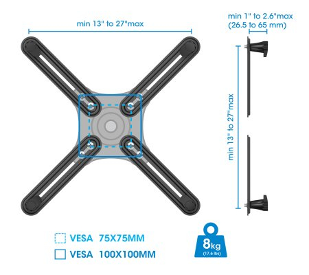 Kit de Montaje VESA para Monitor no VESA, Manhattan 461870, de 13" a 27", hasta 8kg, VESA 100x100 Max, Color Negro - imagen 4