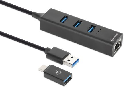 Adaptador de red Manhattan USB-A/C con hub USB 3.0 de 3 puertos + Gigabit Ethernet, modelo 180894. - imagen 2