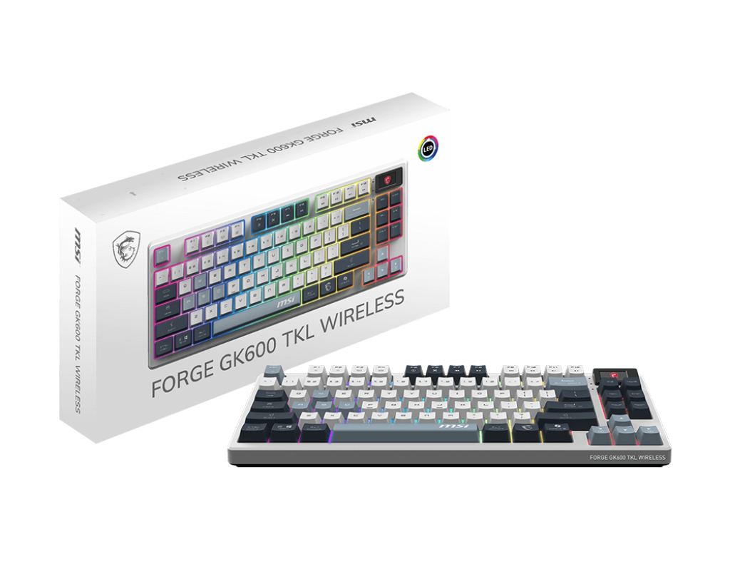 Teclado Inalámbrico MSI Forge GK600 TKL SKY, Hot Swap, Switches Lineales, RF 2.4GHz + BT, Color Blanco/Azul, Ingles