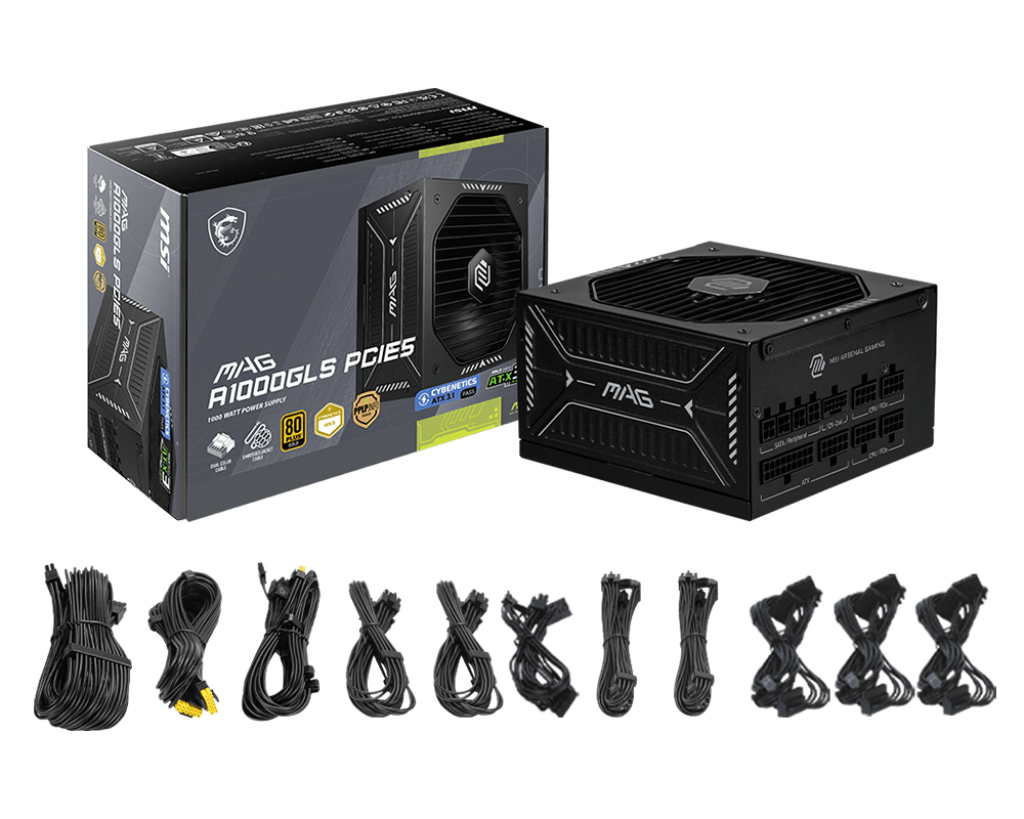 Fuente de Poder 1000W 80+Gold MSI MAG A1000GLS PCIE5 . 1x 24pin, 4x 8pin CPU, 2x 8pin PCIE, 1x 12VHPWR, Color Negro