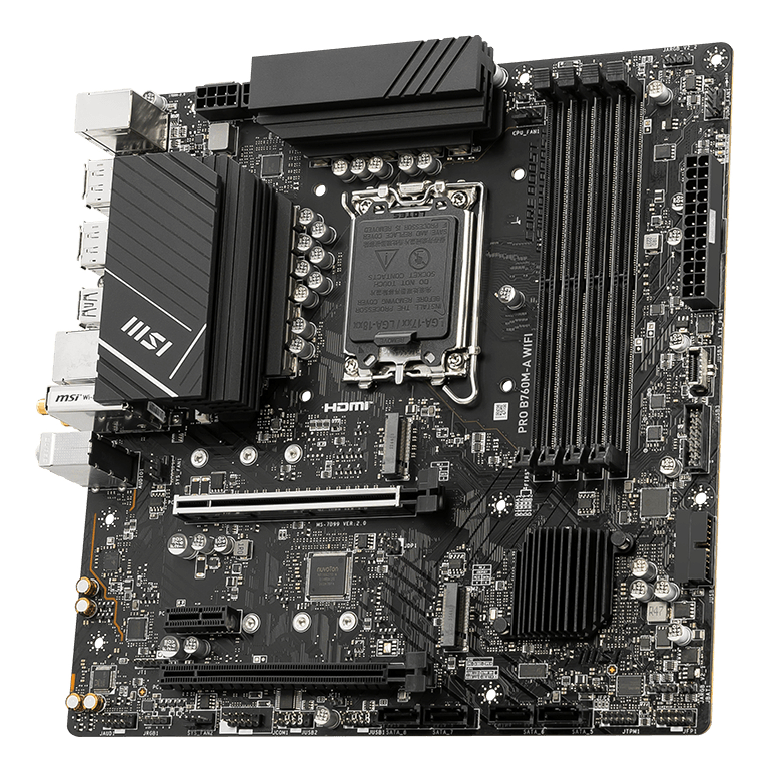 Motherboard LGA1700 Micro-ATX MSI PRO B760M-A WIFI, 4 modulos DDR5, 2 M.2 PCIe 4, Wi-Fi 6E + BT 5.3