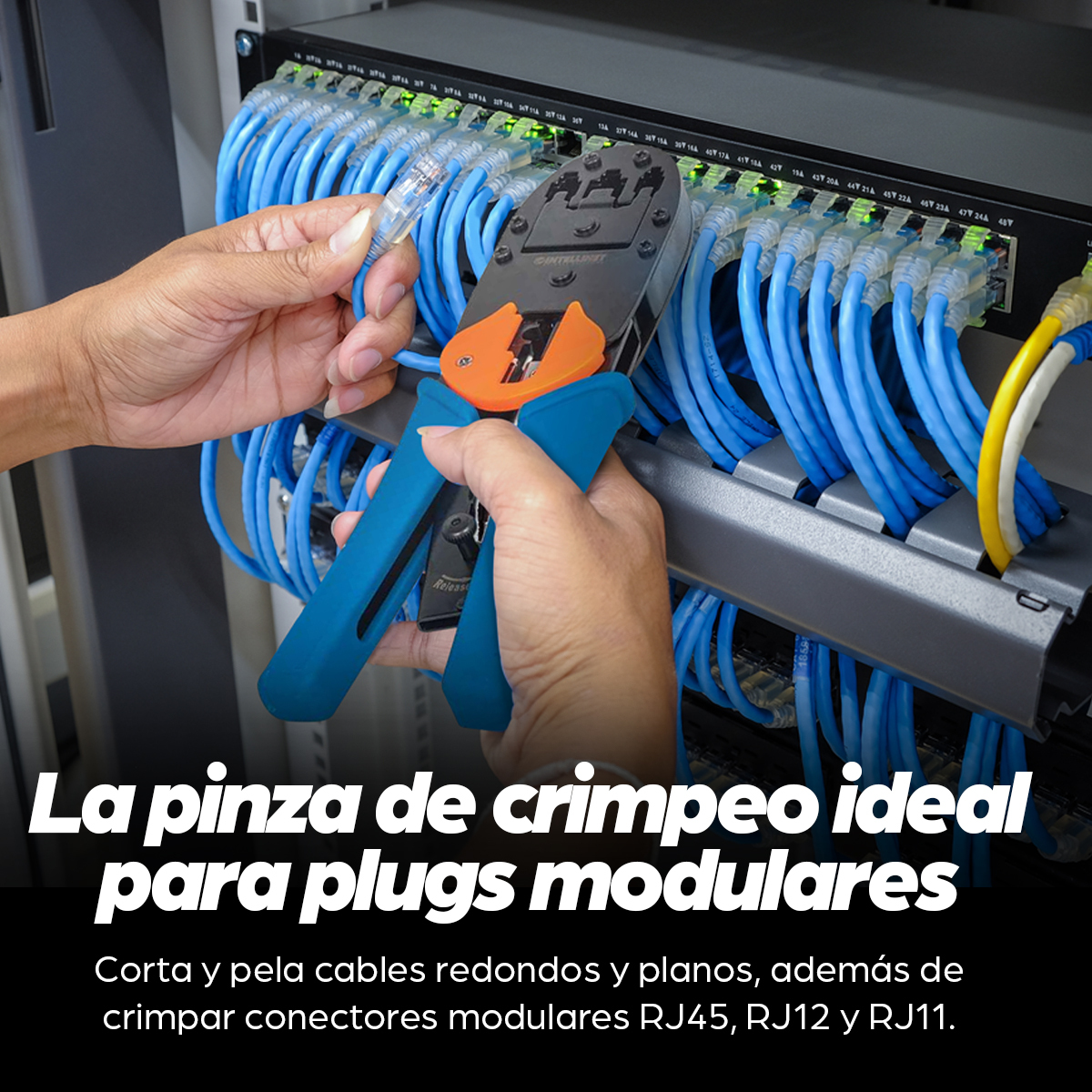 Pinza Crimpeadora Intellinet 211048, para Plugs RJ45, RJ12 y RJ11, con Navaja Pelacables