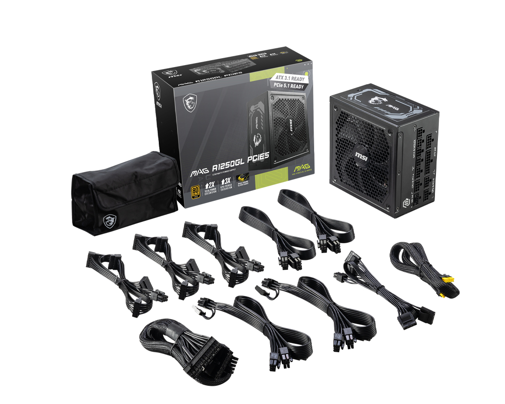 Fuente de Poder 1250W 80+Gold MSI MAG A1250GL PCIE5. 1x 24pin, 2x 8pin CPU, 4x 8pin PCIE, 1x 12VHPWR, Color Negro - imagen 5