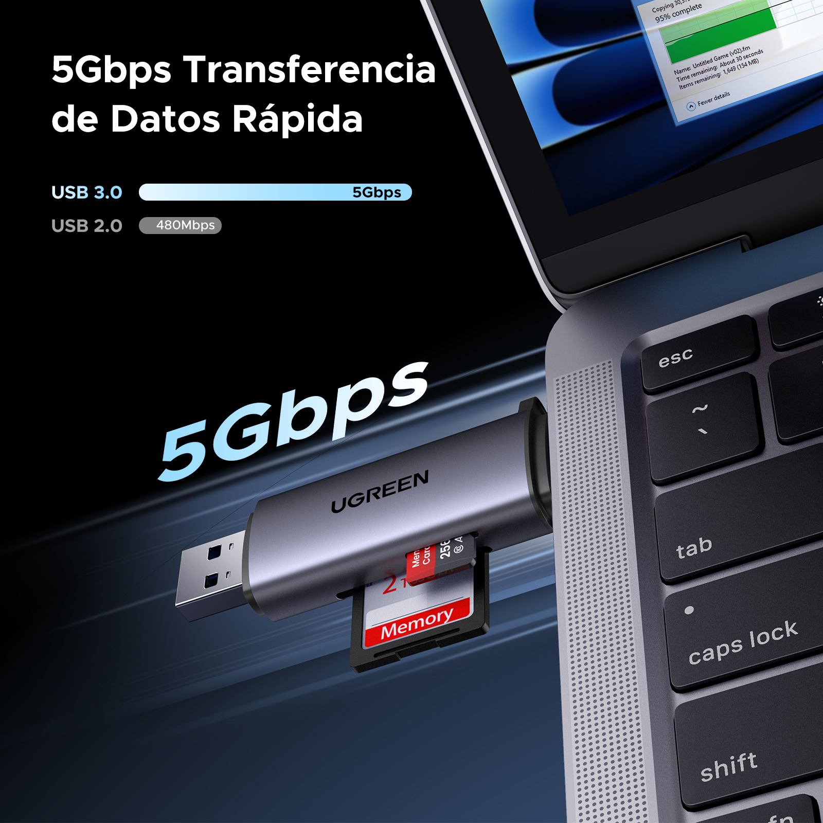 Lector de Memoria (OTG) USB-C Ugreen 50706, TF, SD, Micro SD, SDXC, SDHC, MMC, RS-MMC, Micro SDXC, Micro SDHC, UHS-I