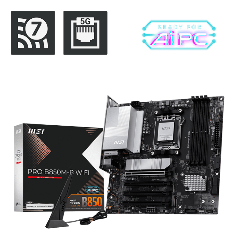 Motherboard AM5 Micro- ATX MSI PRO B850M-P WIFI, 256GB RAM DDR5 Max, 1 M.2 PCIe 5 + 1 M.2 PCIe 4, Wi-Fi 7 + BT 5.4 - imagen 1