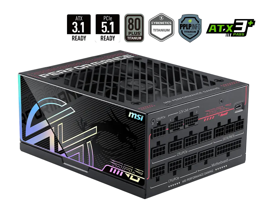 Fuente de Poder 1300W 80+Titanium MSI MPG Ai1300TS PCIE5, Modular, 1x 24pin, 2x 8pin CPU, 7x 8pin PCIE, 2x 12VHPWR - imagen 1