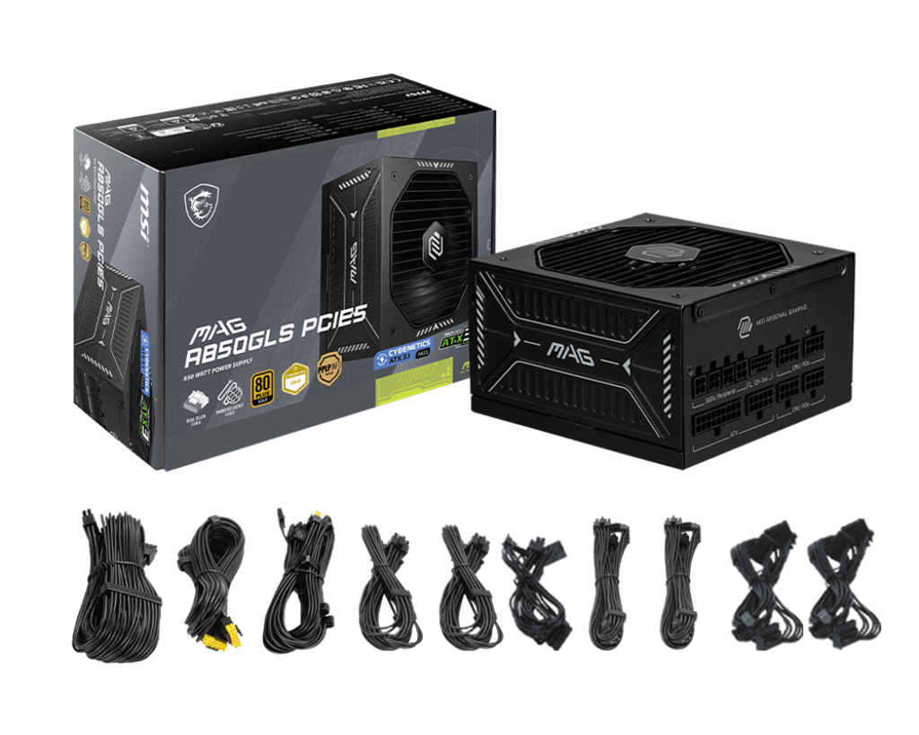 Fuente de Poder 850W 80+Gold MSI MAG A850GLS PCIE5 . 1x 24pin, 2x 8pin CPU, 4x 8pin PCIE, 1x 12VHPWR, Color Negro