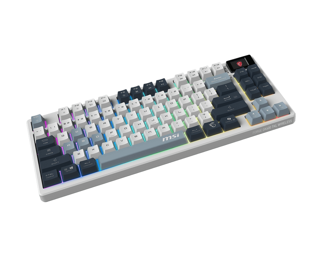Teclado Inalámbrico MSI Forge GK600 TKL SKY, Hot Swap, Switches Lineales, RF 2.4GHz + BT, Color Blanco/Azul, Ingles