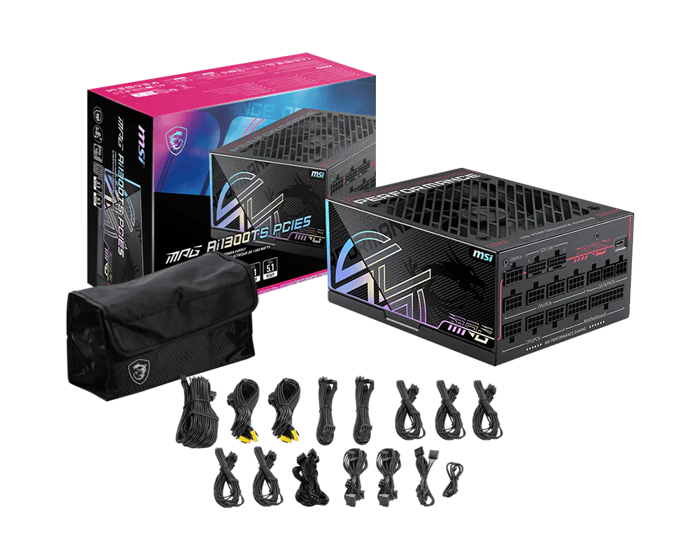 Fuente de Poder 1300W 80+Titanium MSI MPG Ai1300TS PCIE5, Modular, 1x 24pin, 2x 8pin CPU, 7x 8pin PCIE, 2x 12VHPWR - imagen 5