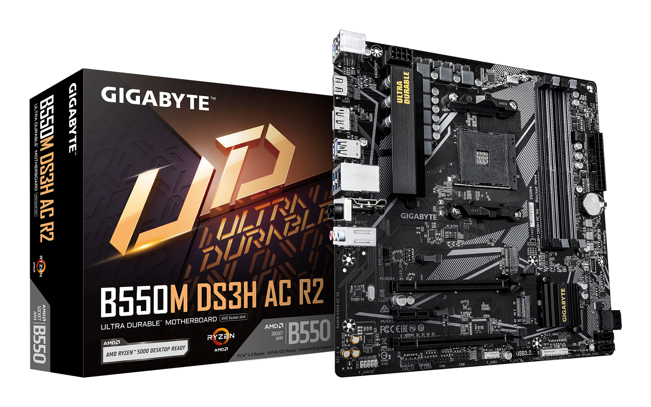 Motherboard AM4 Micro-ATX Gigabyte B550M DS3H AC R2, 128GB RAM DDR4 Max, 1 M.2 PCIe 4 + 1 M.2 PCIe 3, Wi-Fi  + BT 5.0