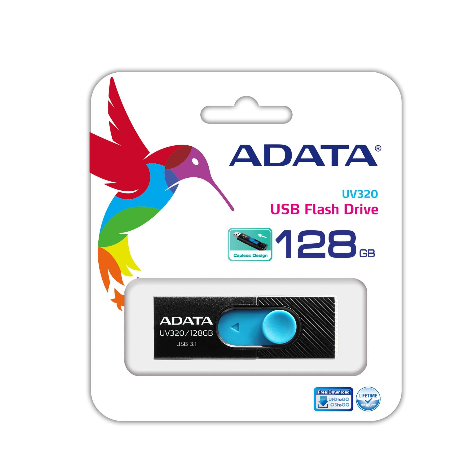 Memoria USB-A 128GB Adata UV320, USB 3.2 Gen 1, 100MB/s, Plástico, Color Negro/Azul - imagen 3