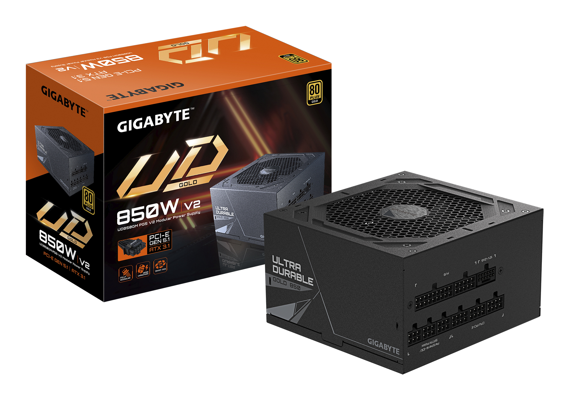Fuente de Poder 850W 80+Gold Gigabyte UD850GM PG5 V2 . 1x 24pin, 2x 8pin CPU, 4x 8pin PCIE, 1x 12VHPWR, Color Negro - imagen 1