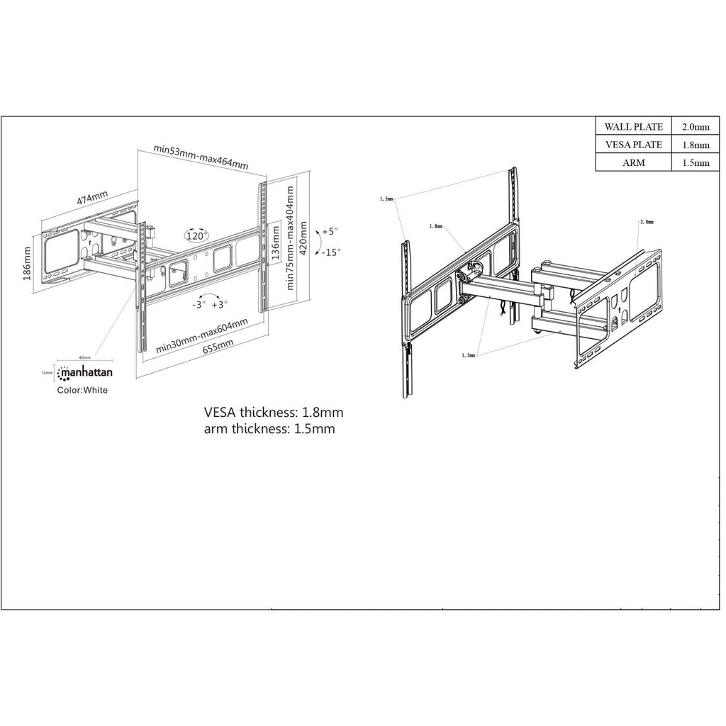 SOPORTE UNIVERSAL DE PARED PARA TV MANHATTAN CON MOVIMIENTO COMPLETO - 40 KG, ACERO, 37", 70", MONITOR DE ORDENADOR/TV,