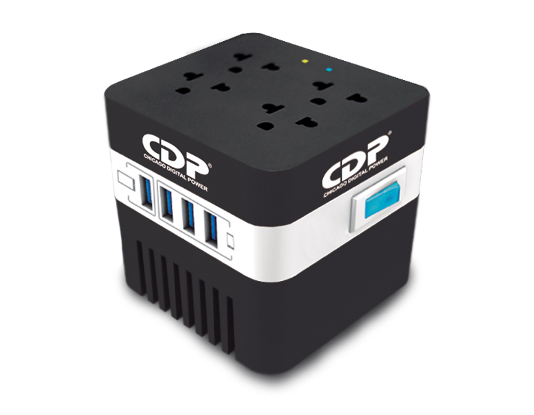 Regulador de Voltaje 600VA/300W CDP RU-AVR 604. 4 Tomas AVR y Supresión d/P. + 4 Puertos USB-A 5V 2.1A
