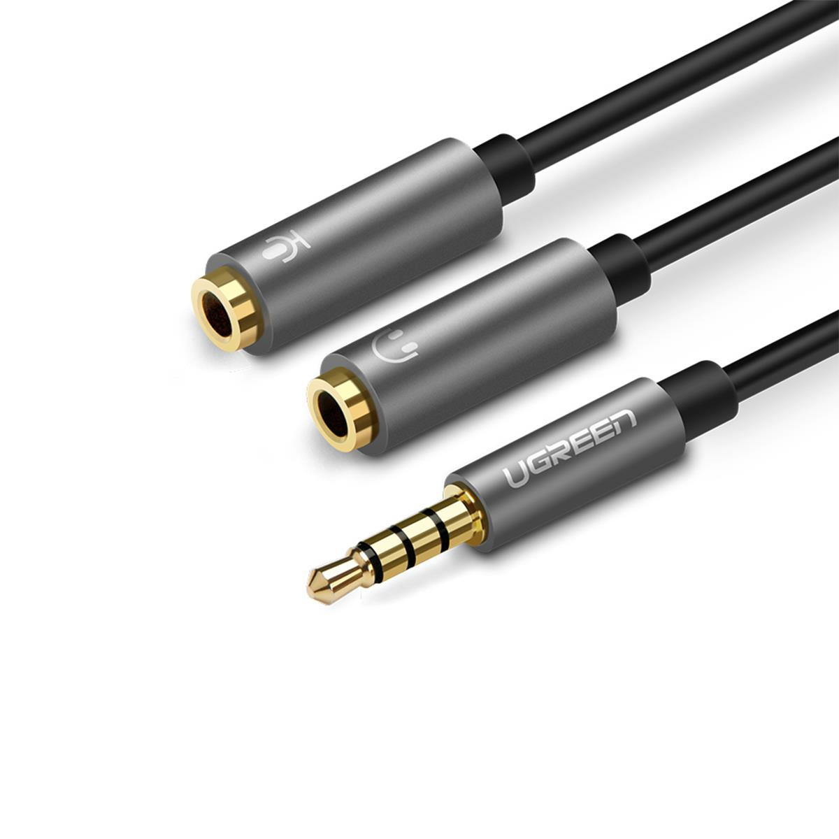 Adaptador Divisor de Audio Ugreen 30619, 1 3.5mm 4 Polos Macho a 2 3.5mm 3 Polos (Audio y Micrófono) Hembra, 20cm - imagen 1