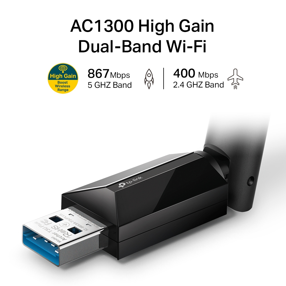 Adaptador de Wi-Fi USB-A Tp-Link Archer T3U Plus, 2.4GHz 400Mbps/5GHz 867Mbps, Antena de alto alcance