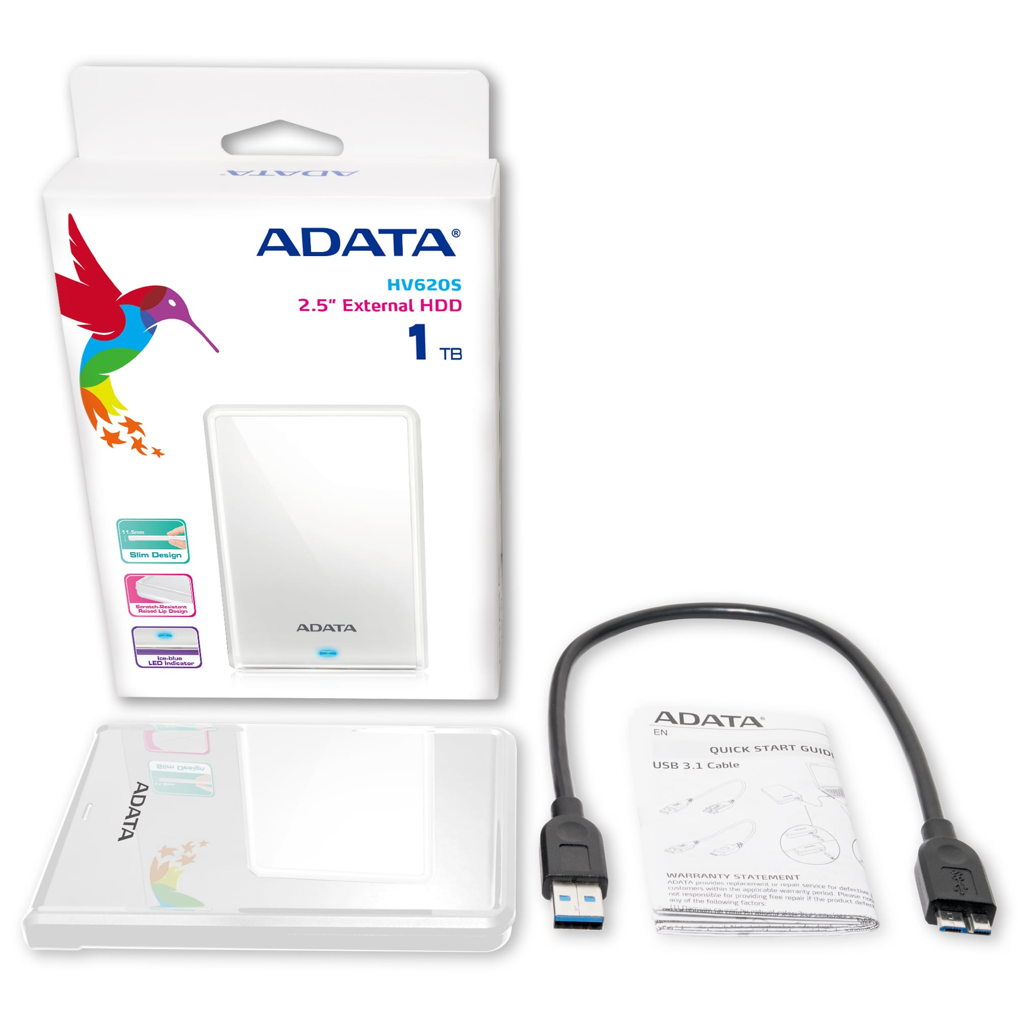 Disco Duro Externo 2.5" 1TB Adata HV620S, USB-A 3.2 Gen 1, Color Blanco