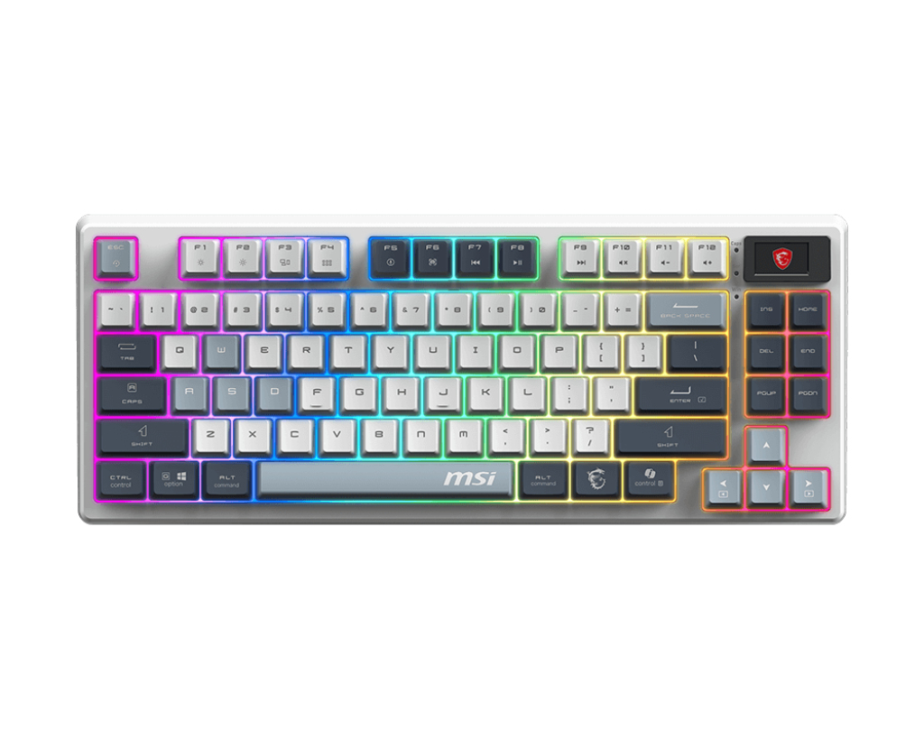 Teclado Inalámbrico MSI Forge GK600 TKL SKY, Hot Swap, Switches Lineales, RF 2.4GHz + BT, Color Blanco/Azul, Ingles