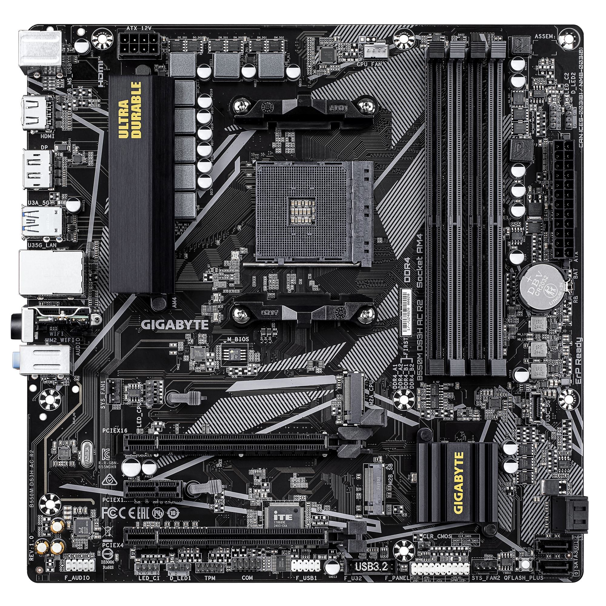 Motherboard AM4 Micro-ATX Gigabyte B550M DS3H AC R2, 128GB RAM DDR4 Max, 1 M.2 PCIe 4 + 1 M.2 PCIe 3, Wi-Fi  + BT 5.0