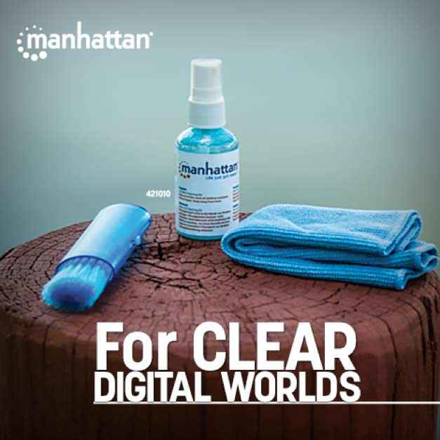 Kit de Limpieza de Pantallas. Incluye Solución de limpieza de 60ml, Paño de microfibra, Brocha retráctil, Manhattan 60cc