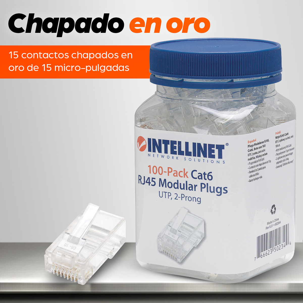 Bote con 100 Plugs RJ45 Cat6 UTP Intellinet 502344, Contactos Chapados en Oro, para Cable Flexible - imagen 4