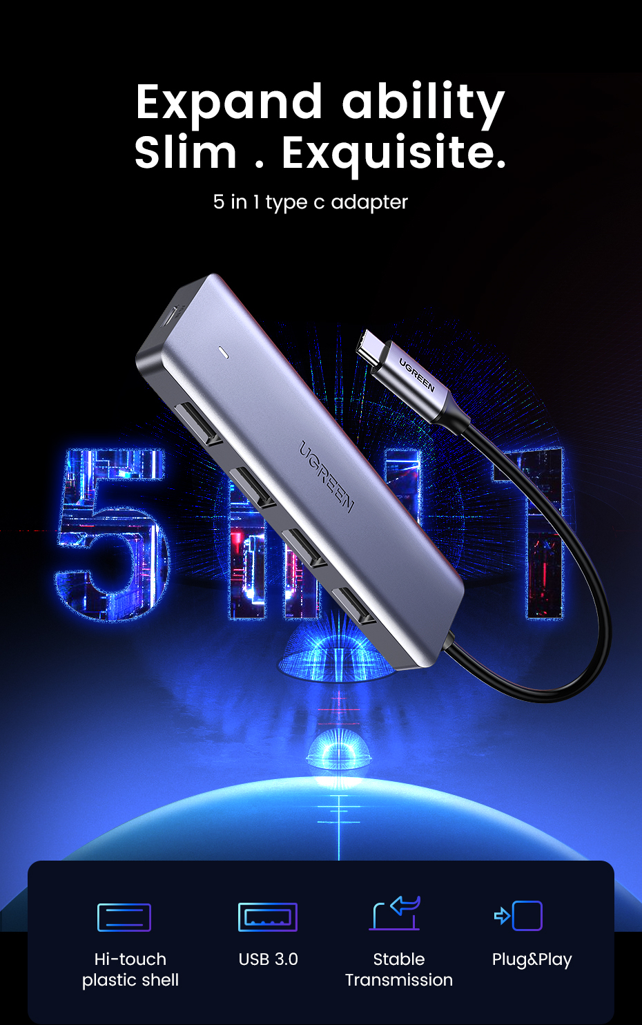 HUB Ugreen de 4 Puertos USB C70336 - imagen 3