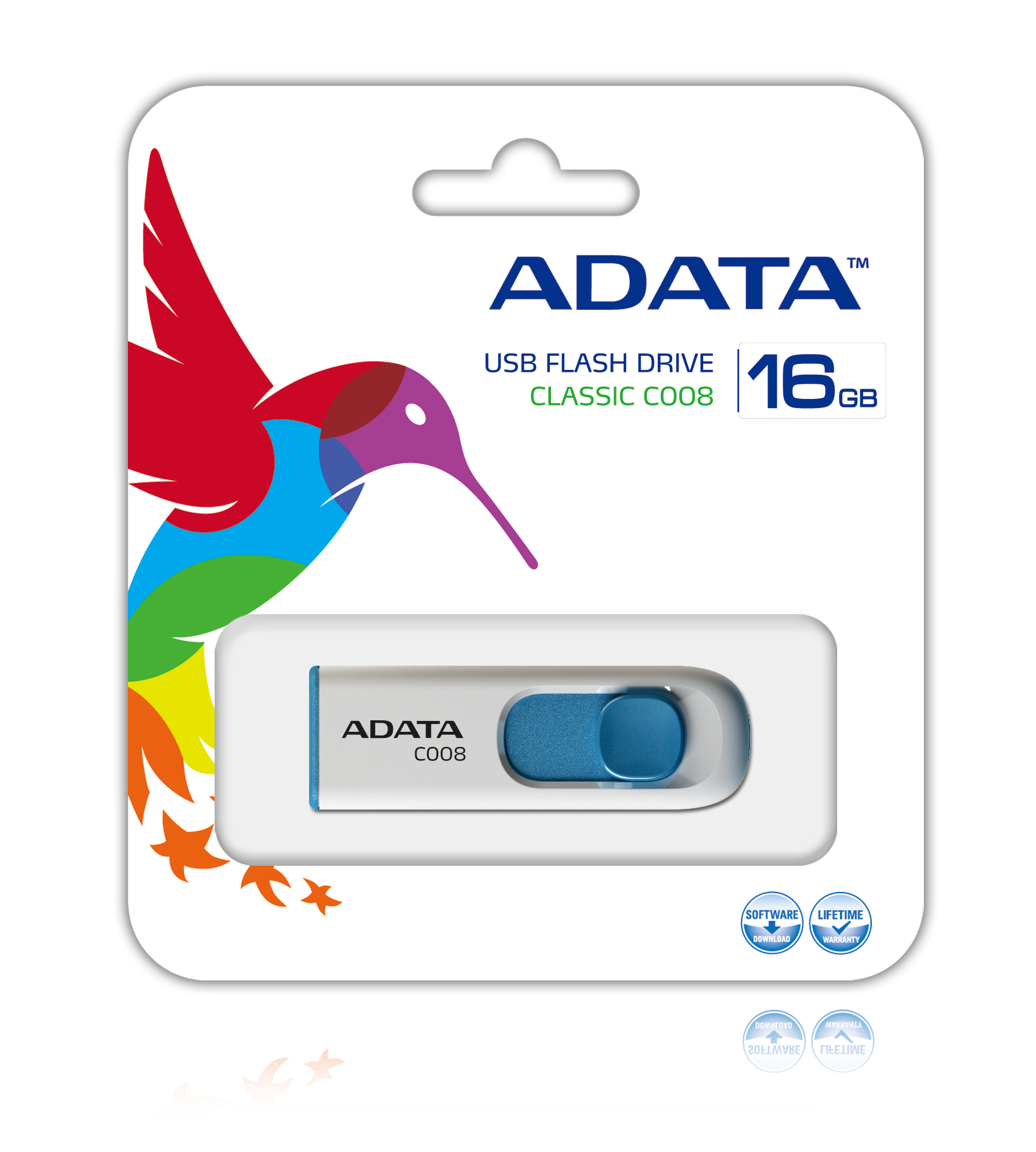 Memoria USB-A 16GB Adata C008, USB 2.0, Color Blanco/Azul - imagen 2